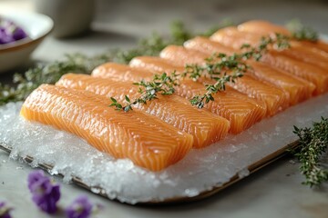 Wall Mural - Fresh salmon fillets resting on ice with lemon and thyme