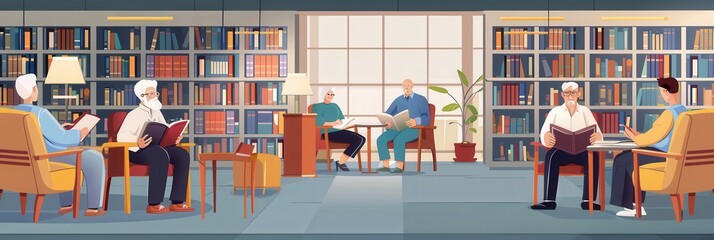 Fototapete - Elderly individuals enjoying reading and studying in a cozy library environment during the daytime. Generative AI