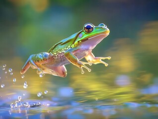 Wall Mural - Frog jumping with vibrant colors, soft lighting, cozy pond atmosphere