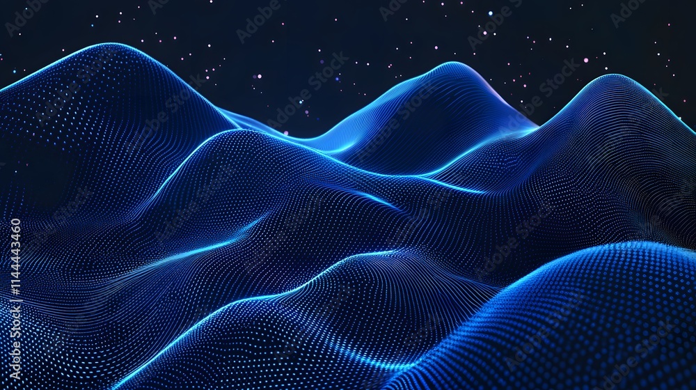 Abstract blue and black liquid waves with glowing stars, creating a ...