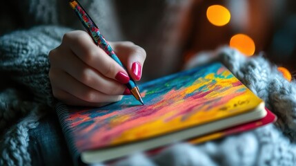 Wall Mural - Person writing in a notebook with vibrant cover, soft lighting, cozy workspace