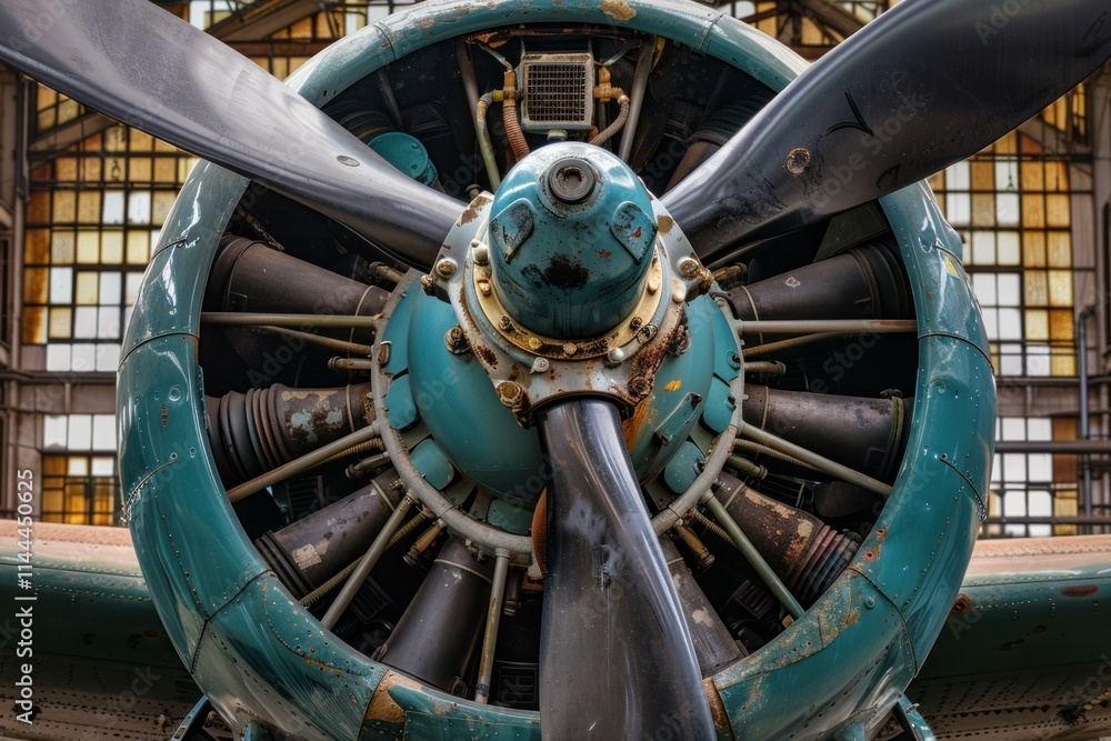 Vintage aircraft radial engine with a blue propeller is shown in an ...