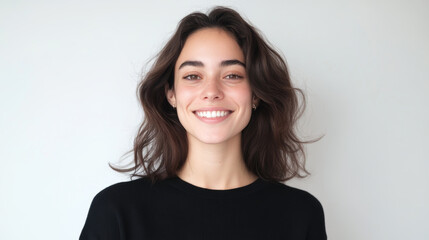 young woman smiles confidently in casual attire against a simple background