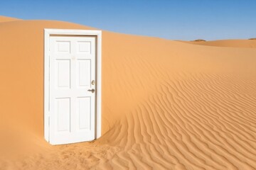 Canvas Print - White door embedded in a sand dune desert landscape under a clear blue sky.