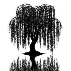 Weeping willow tree silhouette reflected in water.