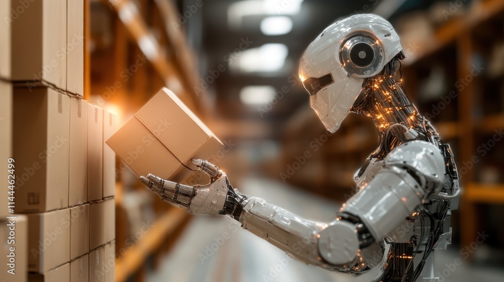 A sleek, futuristic robot manages a box in a spacious warehouse aisle ...