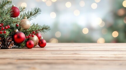 Wall Mural - Festive Christmas ornaments and pine branches on wooden table.