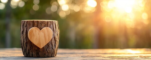 Wall Mural - A wooden cup with a heart carved into it sits on a table, illuminated by warm sunlight filtering through a blurred background of greenery.