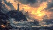 © Anastasiia - A dramatic scene featuring a lighthouse on a jagged cliff with a turbulent ocean and a sailing ship amidst golden sunrise light, evoking adventure and resilience.. AI Generation