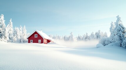 Sticker - Red cabin in snowy winter landscape.