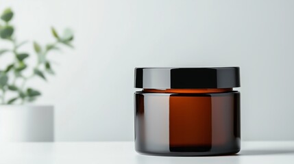 blank brown jar with a black lid sits on a simple white studio surface with a green plant in the bac