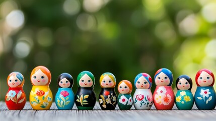 Wall Mural - Colorful Russian Matreshka toys lined up against a vibrant green nature background. Brightly painted Matryoshka dolls are arranged in a line, showcasing traditional artistry.