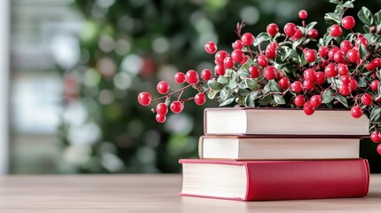 Wall Mural - Red berries on books.