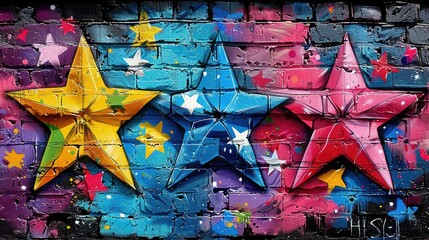 Wall Mural - A vibrant mural featuring three colorful, three-dimensional stars against a graffiti background.