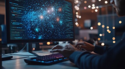 Programmer working late at night on complex code, illuminated screen displays data network.