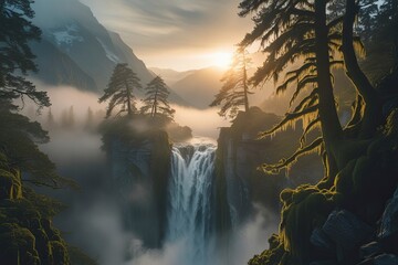 Canvas Print - A dramatic scene of untouched wilderness with towering mountains covered in dense fog, a roaring waterfall cascading into a deep canyon, 