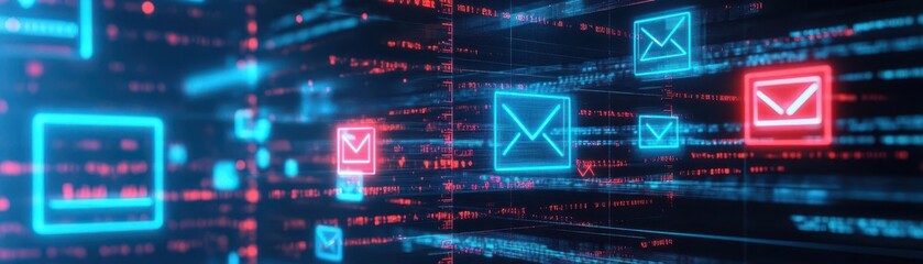 Poster - Virtual reality view of email inbox with security alerts, neon blue and red overlays, firstperson perspective