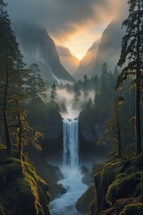 Canvas Print - A dramatic scene of untouched wilderness with towering mountains covered in dense fog, a roaring waterfall cascading into a deep canyon, 