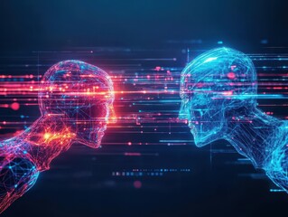 Aufkleber - Virtual conversation displayed as vibrant streams of light between human and AI figure, digital interaction theme