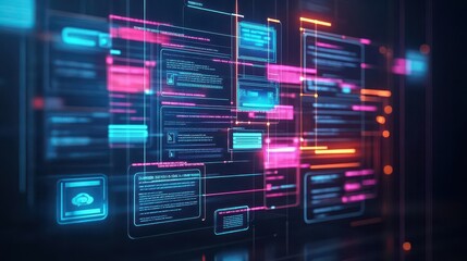 Poster - Multiscreen setup displaying AI chat assistants, vibrant neon colors, modern tech concept