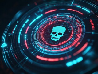 Poster - Glowing skull icon inside a scam notification on a smartwatch, futuristic design, concept of evolving cybercrime