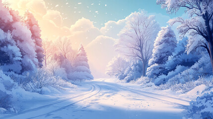 a serene winter landscape featuring a frosted tree and frozen surface, trees and cloud cover on a su