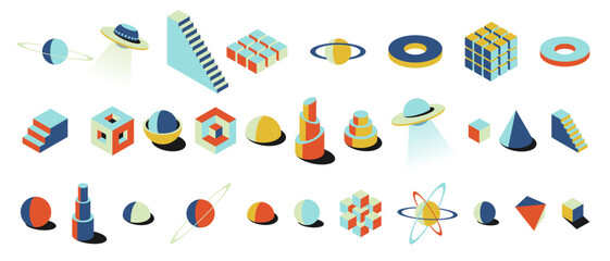 set of bold isometric 3d forms in retro brutalist style. colorful geometric shapes like planets, ufo
