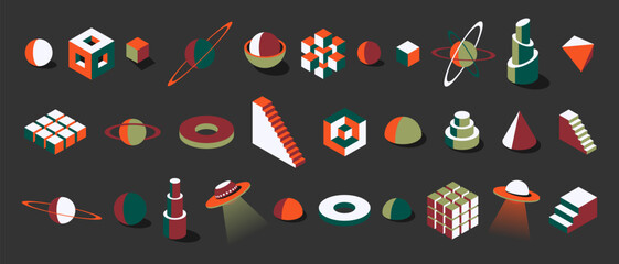 Wall Mural - vibrant y2k isometric shapes in retro brutalist style. includes 3d cubes, planets, spheres and ufos.