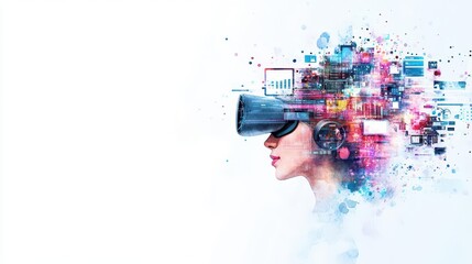 Poster - A watercolor montage of business innovations, featuring virtual reality headsets, AIdriven tools, and collaborative digital platforms