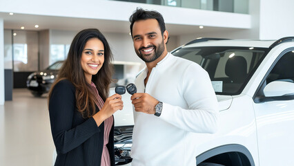 Newlyweds buy car and smiling with car keys in modern showroom