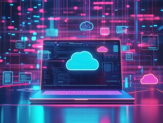 Fototapete - A laptop surrounded by glowing holographic cloud storage icons, set in a futuristic workspace, dark ambient lighting with neon highlights