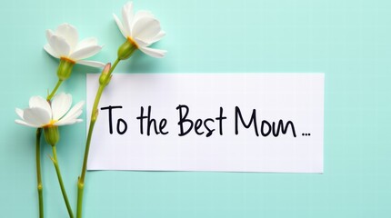 Wall Mural - A card for Mother's Day with text To the Best Mom and a small flower beside it on a pastel teal background