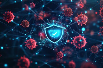 Poster - A hackers attack represented as a swarm of digital viruses, blocked by a bright shield icon in the center of a network