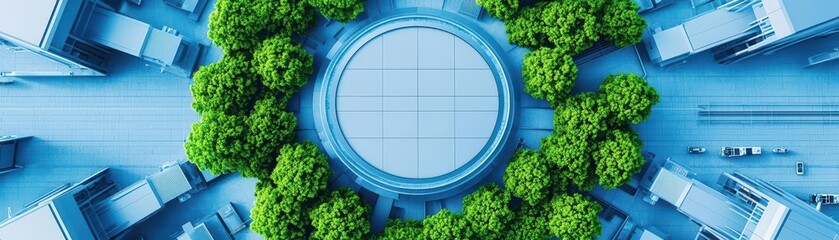 Poster - A futuristic ecothemed airport hub, top view of efficient energysaving designs, reimagining global travel hubs, robotic tone, complementary color scheme