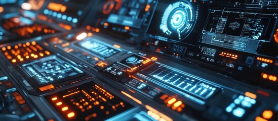 Futuristic control panel with glowing orange and blue interfaces and digital displays.