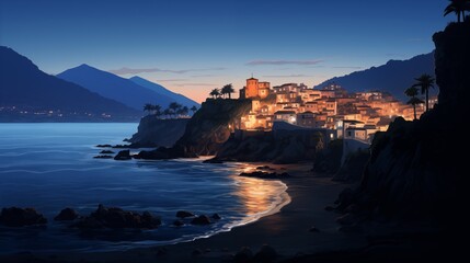 Wall Mural - A calm evening in a coastal town with ambient light, space to the right for design,generative ai illustration