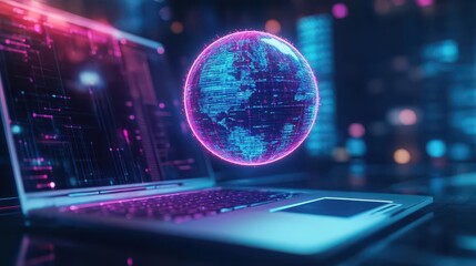 Fototapete - A 3D holographic globe floating above a laptop, representing cloudconnected data networks, cyberpunk aesthetic, vivid neon lighting