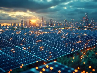 Poster - Aerial View of Smart Solar Farm Efficiency Monitoring with Data Overlay