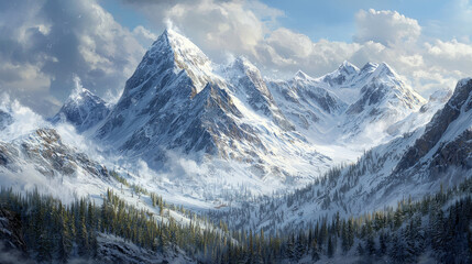 Wall Mural - Snow-covered mountain peaks with a breathtaking winter landscape