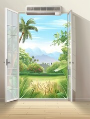 Aufkleber - Air conditioner mounted on wall next to a wide open window revealing lush green landscape with distant mountains. Generative AI