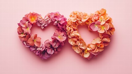 Wall Mural - Two interlocked hearts made from flower petals on a pastel pink background