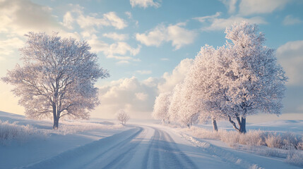 A serene winter landscape featuring a frosted tree and frozen surface, trees and cloud cover on a sunny winter day, snowy farmland under blue sky with white fluffy clouds and road side trees.