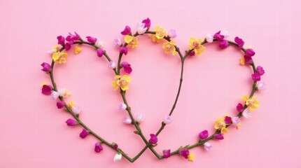 Wall Mural - Two interlocked hearts made from flower petals on a pastel pink background