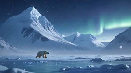 A frozen wilderness landscape featuring a serene arctic tundra. Snow-covered peaks tower in the background while a lone polar bear traverses the icy terrain