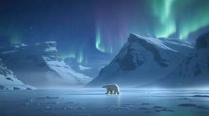 Wall Mural - A frozen wilderness landscape featuring a serene arctic tundra. Snow-covered peaks tower in the background while a lone polar bear traverses the icy terrain