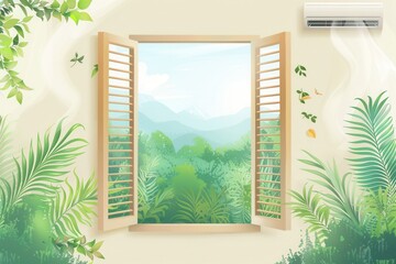 Aufkleber - Air conditioner mounted on wall next to an open window with a lush green view in a tranquil setting. Generative AI