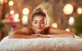 zrelaksowana, piękna, uśmiechnięta kobieta podczas wizyty w spa	