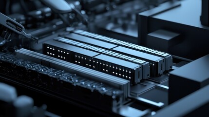Close-up of computer components in a dark setting.