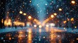 © ANUAR - A Beautiful Winter Night Scene with Snow Falling Gently Over a City Street, Illuminated by Warm Streetlights and Reflecting Off Wet Pavement