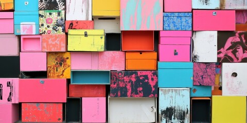 Wall Mural - a colorful arrangement of stacked boxes displayed in vibrant patterns for inspiration